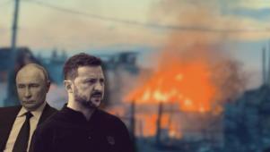 Két ember egy égő háttér előtt.