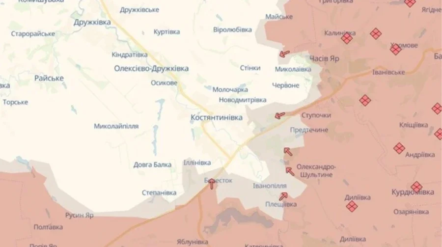 Kelet-ukrajnai térkép pirossal jelölt frontvonallal