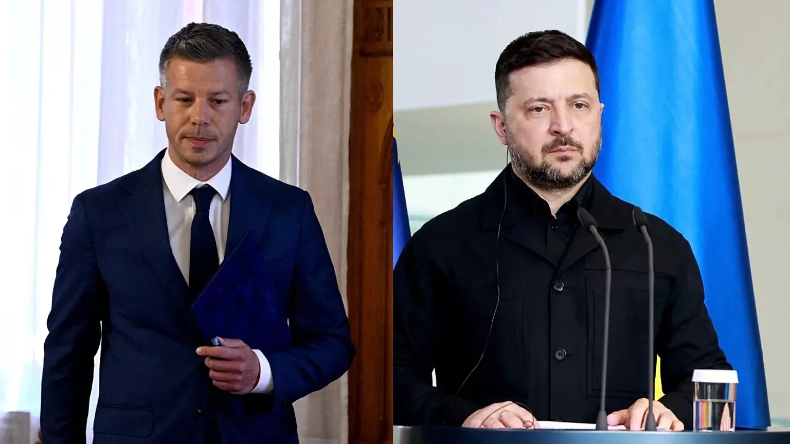 Két férfi sajtótájékoztatón, zászlók előtt
