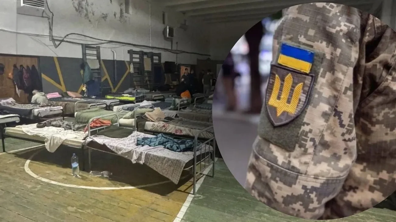 Ideiglenes szállás tornateremben, ukrán katonai jelvénnyel