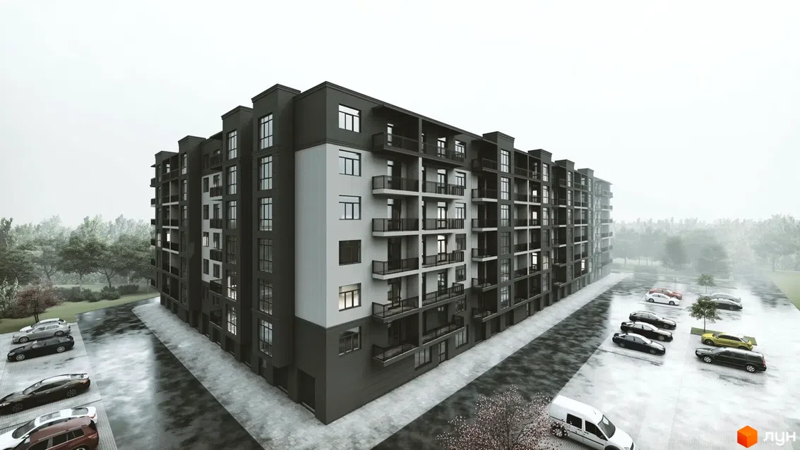 Modern, többszintes társasház parkolóval esős időben