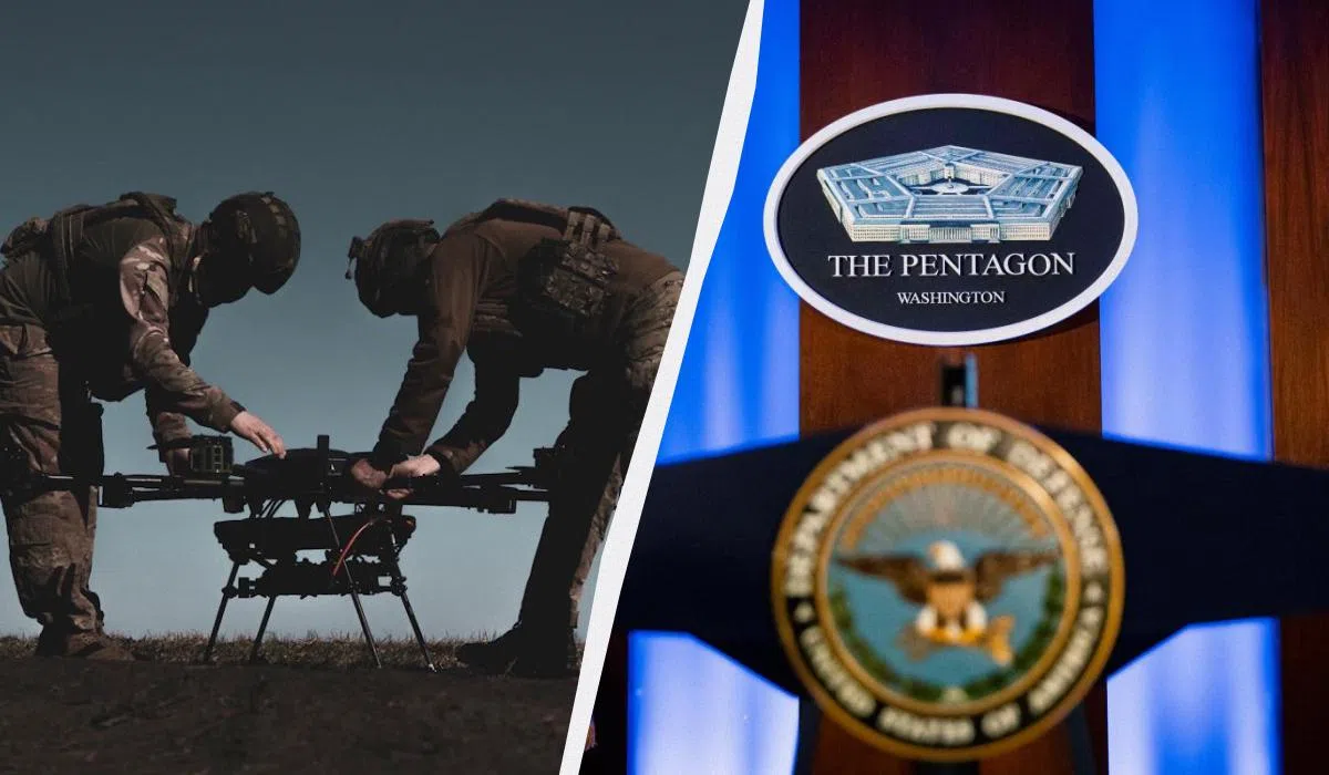 Katonák drónt készítenek elő, Pentagon pódium