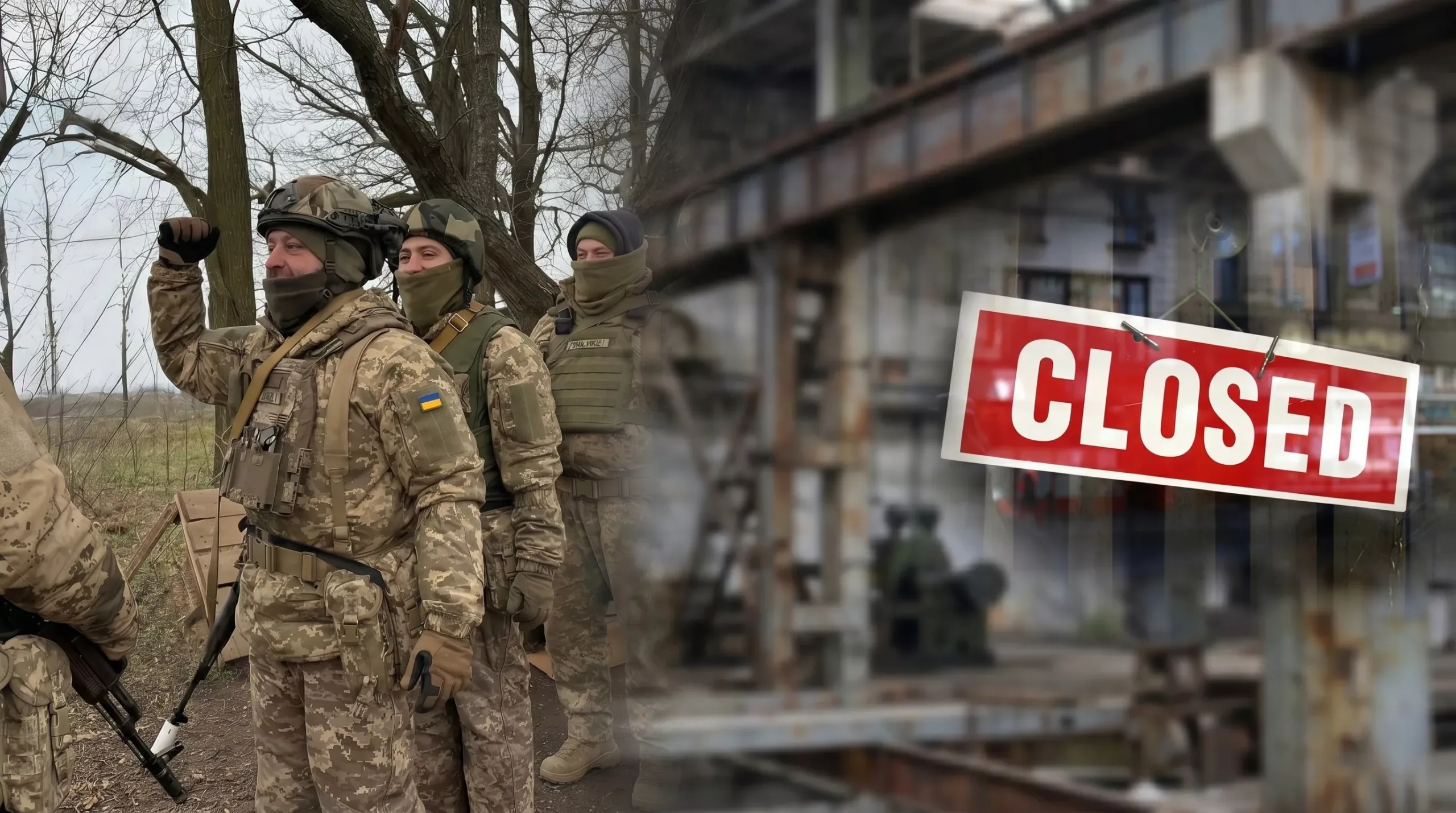 Ukrán katonák és zárva tábla kirakatban