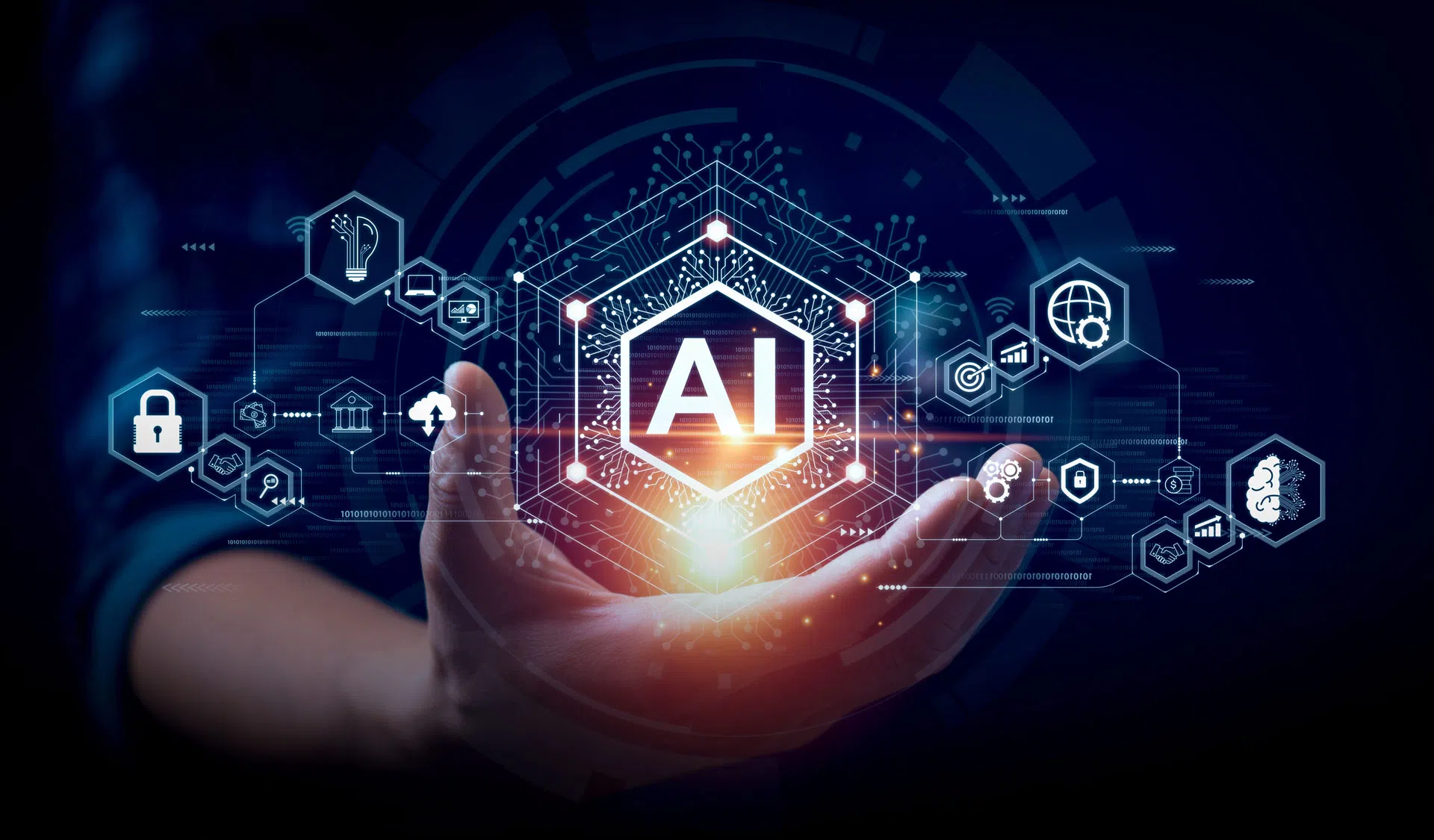 Mesterséges intelligencia ikon kézben, digitális hálózattal