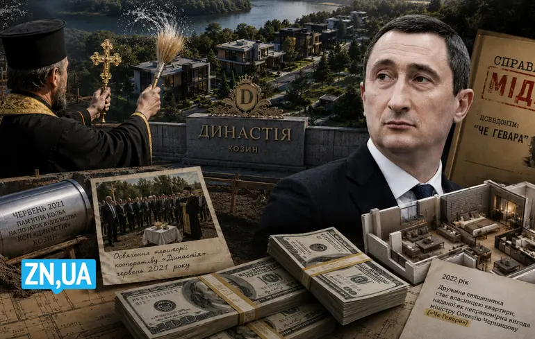 Luxuslakópark, pap, politikus és dollárkötegek kollázsa