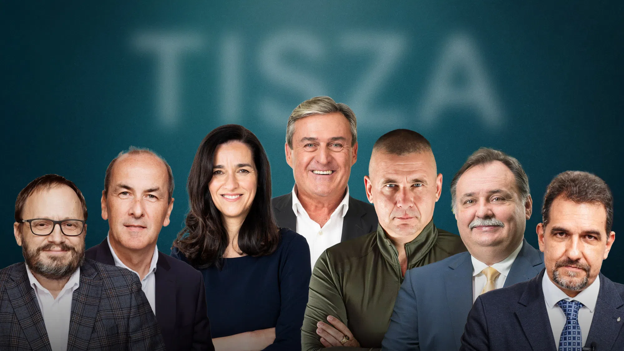 Hét üzleti öltözetű ember portréja kék háttér előtt